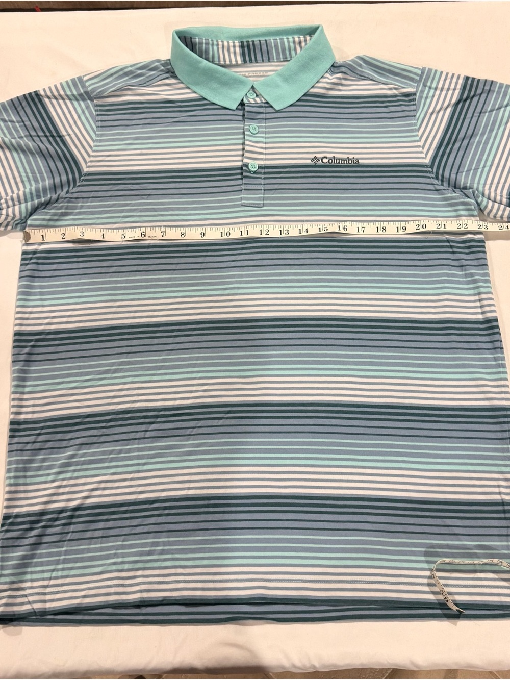 Columbia Men’s Aqua and Light Blue Striped Polo
